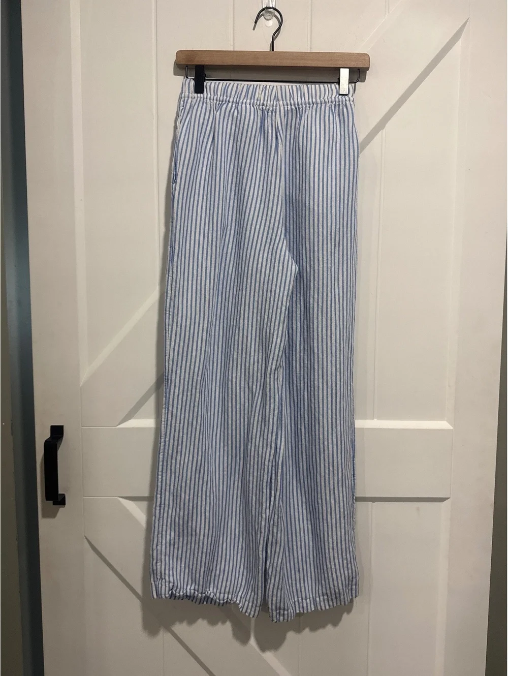 H&M Blue and White Striped Linen Blend Wide Leg Pants XS